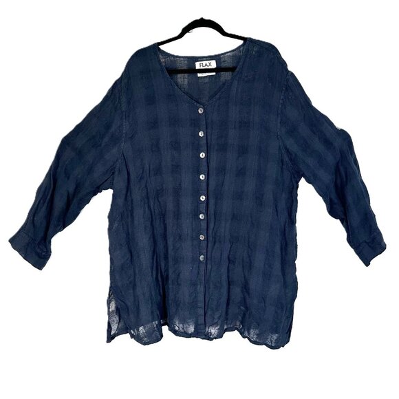 Flax Navy Linen Weave Lagenlook Button-Down Lightweight Tunic Top - 3G (24-26) - Picture 1 of 9